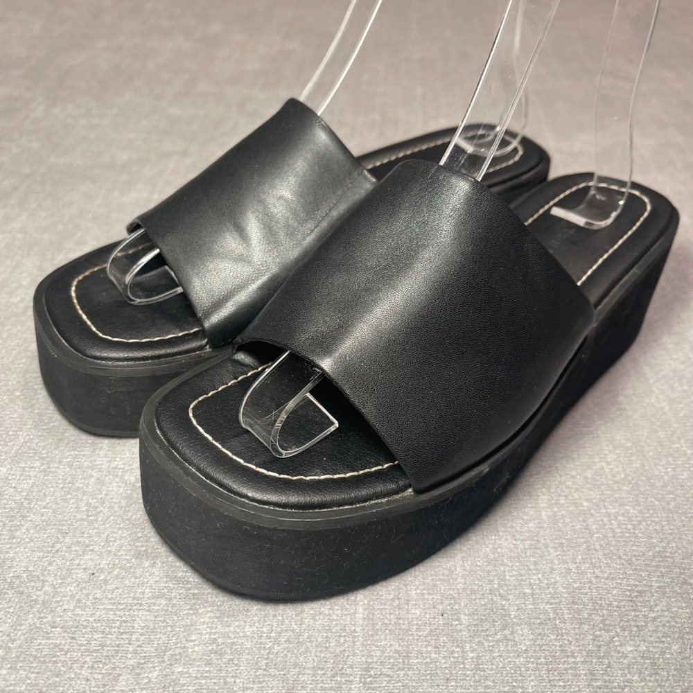 Princess Polly Black Faux Leather Platform Slide Sandals Y2K Chunky Wedge READ